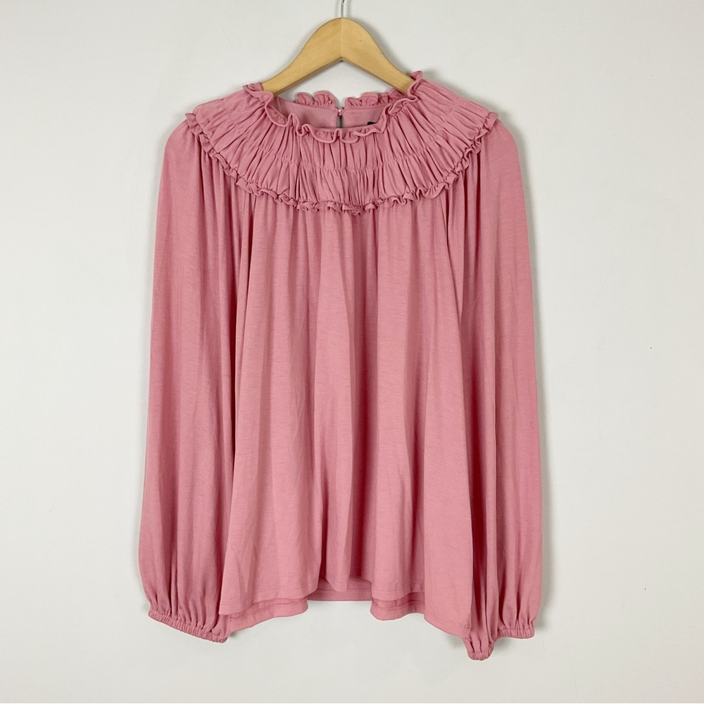 Ann Taylor Cinched Ruffle Neck Long Sleeve Knit Top Pink Rose XL